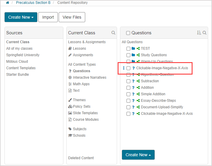 Current Class selected under Sources pane. Under Questions pane the highlighted question does not have the shared icon.